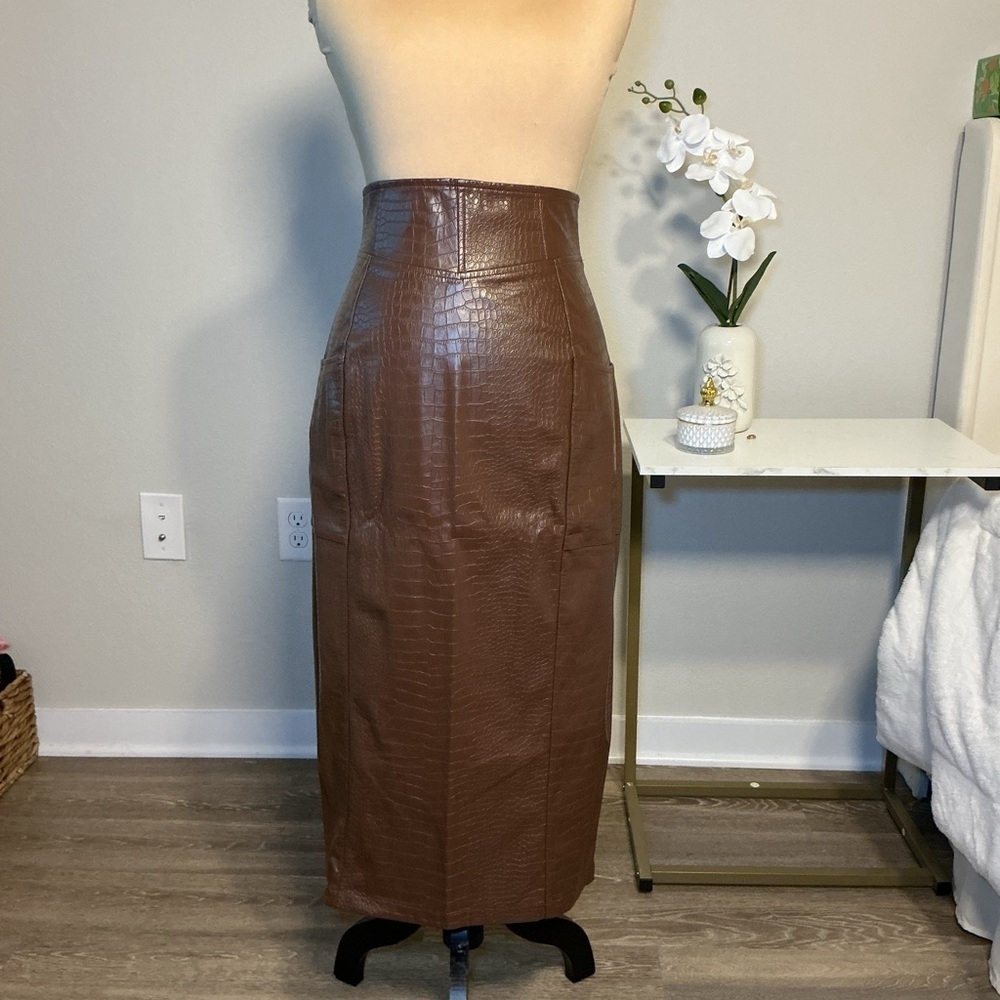 JLUXLABEL Brown Croc-Textured Pencil Skirt